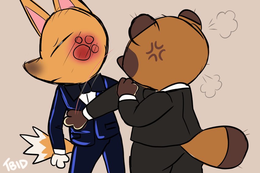 anthro brown_body brown_fur clothing duo face_slap fur humor male necktie orange_body orange_fur parody slap slap_mark suit tbid animal_crossing nintendo will_smith_slapping_chris_rock crazy_redd tom_nook_(animal_crossing) canid canine fox mammal raccoon_dog tanuki hi_res meme