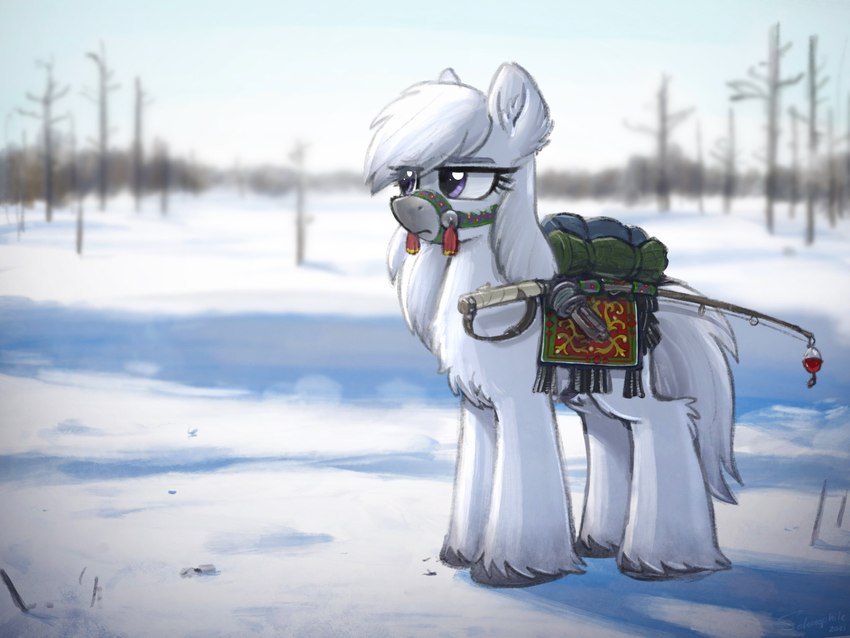 blurred_background eyebrows eyelashes feral fishing_rod fur outside shadow side_view snow solo white_body white_fur winter selenophile hasbro my_little_pony equid mammal 2021 4:3 absurd_res hi_res