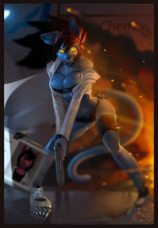 anthro border bra breasts cleavage clothed clothing cool_guys_don't_look_at_explosions explosion female fire grenade_pin grin gun handgun looking_at_viewer panties pistol ranged_weapon red_border shirt smile solo topwear torn_clothing underwear weapon shnider felid mammal 2015 absurd_res hi_res