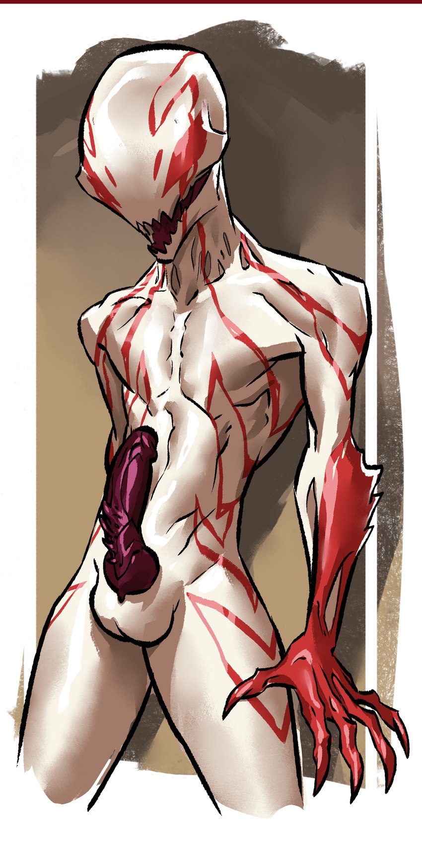 5_fingers balls claws erection fingers genitals gradient_background knot looking_at_viewer male markings nude open_mouth penis pose red_markings simple_background smile solo teeth white_body maxspite marvel max_(maxspite) spite_(maxspite) alien humanoid symbiote 1:2 2022 absurd_res digital_drawing_(artwork) digital_media_(artwork) hi_res pinup portrait three-quarter_portrait