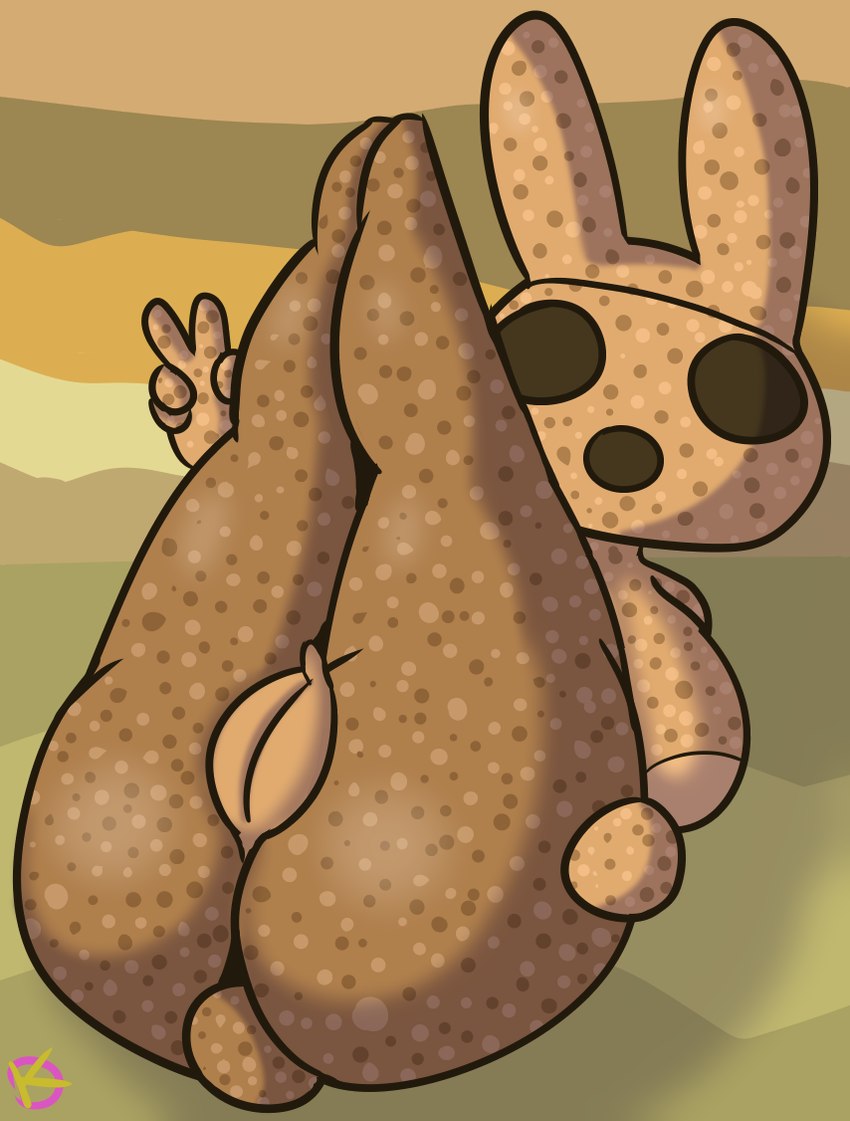 anthro big_breasts big_butt breasts butt female genitals gesture hand_gesture inviting legs_up looking_at_viewer presenting presenting_hindquarters presenting_pussy pussy seductive solo thick_thighs v_sign klutzatdusk animal_crossing nintendo coco_(animal_crossing) gyroid lagomorph leporid mammal rabbit