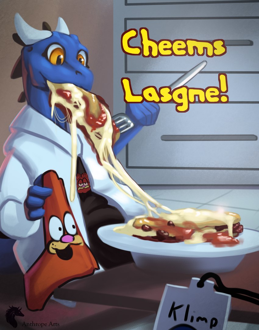 anthro blue_body blue_scales cheese clothed clothing cutlery dairy_products eating female food fork horn kitchen_utensils lasagna orange_eyes pasta plate scales simple_background smile solo text tomato_sauce tools anthrope_arts dew_dragon garfield_(series) garfield_the_cat kobold scalie digital_media_(artwork) english_text hi_res