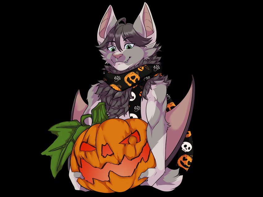 anthro athletic athletic_male big_ears claws fluffy food fruit fur green_eyes grey_body grey_fur grey_hair hair holidays jack-o'-lantern male membrane_(anatomy) membranous_wings mostly_nude neck_tuft pink_nose plant pumpkin scarf scarf_only solo sticker tuft wings fycroh danglebat halloween orgen_(danglebat) bat mammal 4:3 absurd_res alpha_channel digital_media_(artwork) hi_res