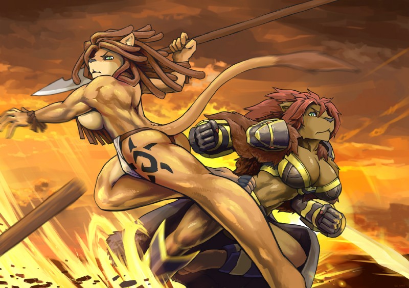 abs action_pose anthro battle big_breasts bottomwear breasts bulge butt clothed clothing dreadlocks duo female fur green_eyes gynomorph hair intersex loincloth mane mane_hair markings melee_weapon muscular muscular_female muscular_gynomorph muscular_intersex nipples outside polearm pose side_boob skimpy sky spear tail tail_tuft tattoo tribal tuft weapon link2004 kaje sekhmet_(link2004) felid lion mammal pantherine 2015