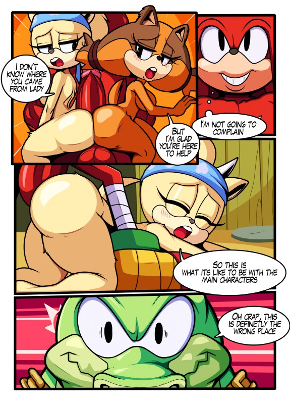 anthro big_butt big_penis breasts butt dialogue female genitals group group_sex huge_butt huge_penis male male/female penis sex small_breasts speech_bubble text threesome trio walk-in cloudz superbunnygt sega sonic_boom sonic_the_hedgehog_(series) knuckles_the_echidna lady_goat_(sonic_boom) sticks_the_jungle_badger vector_the_crocodile badger bovid caprine crocodile crocodilian echidna goat mammal monotreme mustelid musteline reptile scalie absurd_res comic digital_media_(artwork) english_text hi_res