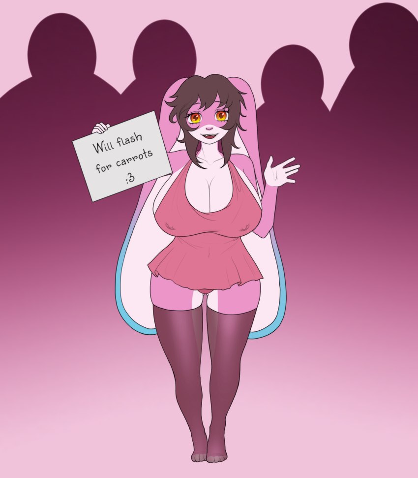 anthro barbell_piercing big_breasts breasts cleavage clothed clothing dress female floppy_ears fur gesture group holding_object holding_sign huge_breasts legwear looking_at_viewer lop_ears nipple_barbell nipple_outline nipple_piercing nipple_piercing_outline nipples piercing pink_body pink_fur short_dress sign silhouette solo text thigh_highs waving cybershark background_character remmy_(remybunny) lagomorph mammal absurd_res hi_res trans_(lore) trans_woman_(lore)