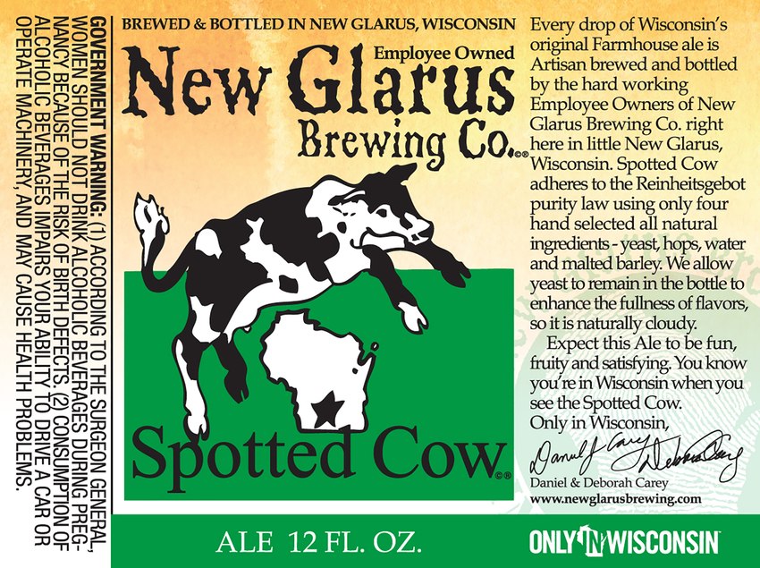 alcohol ambiguous_gender beer beer_label beverage copyright_symbol feral fur hooves multicolored_body multicolored_fur solo symbol tail tail_tuft text tuft wisconsin deb_carey new_glarus_brewing_co. bovid bovine cattle holstein_friesian_cattle mammal english_text hi_res official_art url