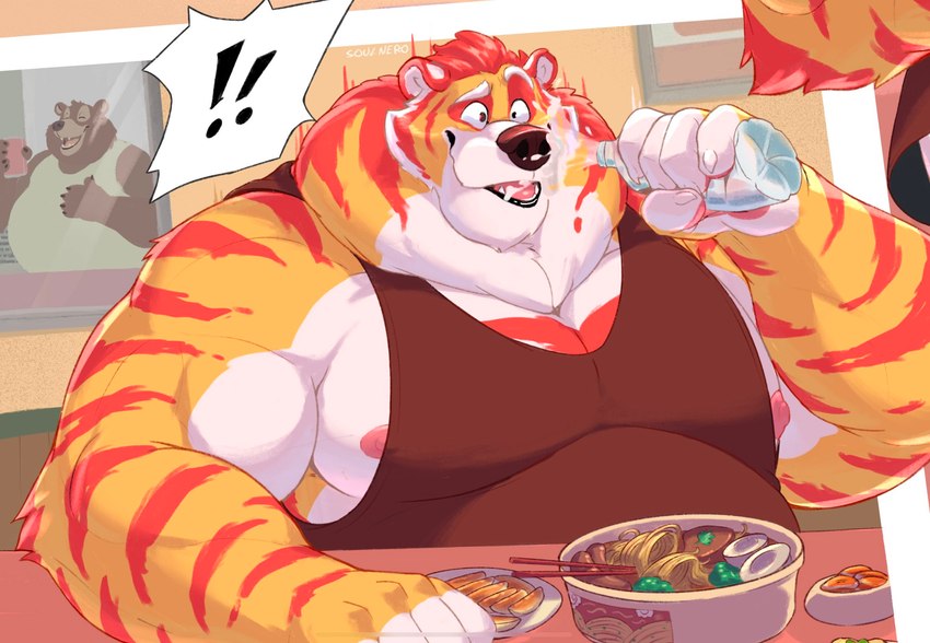 anthro beverage biceps black_clothing black_shirt black_tank_top black_topwear bottle brown_eyes chest_markings chopsticks clothing comic_panel confusion container crushing_object deltoids eating exclamation_point food fur furniture hair male markings multicolored_body multicolored_fur nipples noodles orange_body orange_fur overweight overweight_anthro overweight_male pawpads pecs red_hair red_markings red_stripes restaurant shirt sitting solo speech_bubble striped_body striped_fur stripes table tank_top topwear udon white_body white_fur soul_nero tora_(soul_nero) bear felid hybrid mammal pantherine tiger ursine 2023 artist_name hi_res watermark