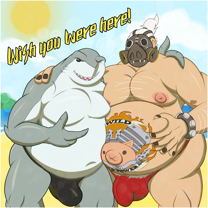 2_fingers anthro beach belly belly_grab big_belly body_hair border bulge clothed clothing duo fingers gas_mask hand_on_shoulder male mask moobs musclegut muscular navel nipples outie_navel outside overweight overweight_human overweight_male pubes puffy_nipples sea seaside skimpy sun tattoo text thong underwear water white_border benjibat conditional_dnp blizzard_entertainment dc_comics overwatch king_shark roadhog_(overwatch) fish human mammal marine shark 1:1 absurd_res english_text hi_res