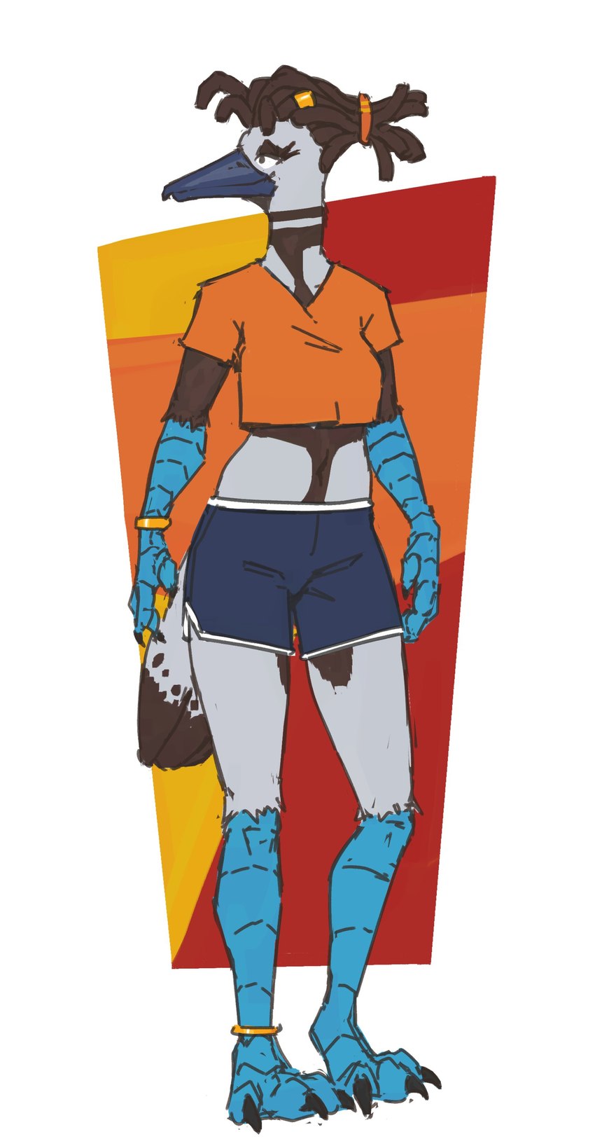 anklet anthro beak bottomwear bracelet breasts claws clothed clothing dolphin_shorts dreadlocks feathers feet female jewelry midriff navel shorts simple_background solo tail tail_feathers zed-s avian bird blue-footed_booby booby_(bird) sulid suliform absurd_res hi_res