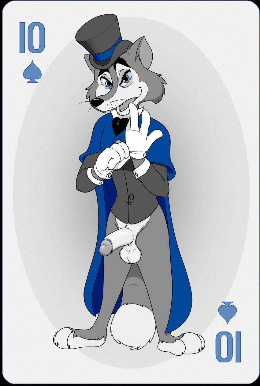 anthro balls black_nose black_tie_(suit) bottomless cape card card_template clothed clothing cuff_links erection footwear fur genitals gloves half-closed_eyes handwear hat headgear headwear humanoid_genitalia humanoid_penis looking_at_viewer male narrowed_eyes penis playing_card playing_card_template shoes simple_background smile solo spades_(suit) standing suit suit_symbol ten_of_spades top_hat topwear neenya disney pinocchio "honest"_john_foulfellow canid canine fox mammal digital_media_(artwork) hi_res