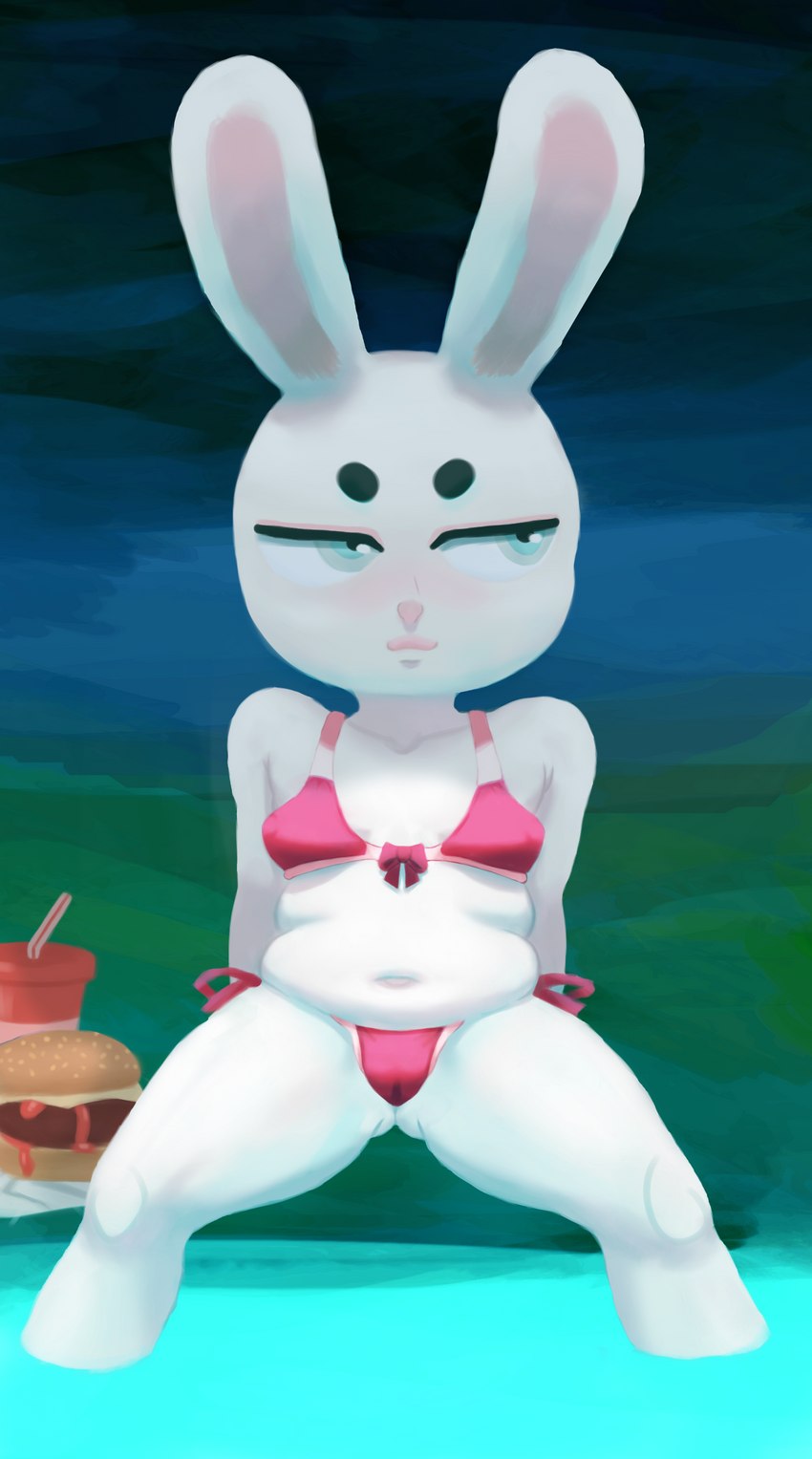 anthro belly bikini breasts burger camel_toe clothing female food poolside short_stack sitting slightly_chubby solo spread_legs spreading swimwear two-piece_swimsuit moitasart lagomorph leporid mammal rabbit absurd_res hi_res