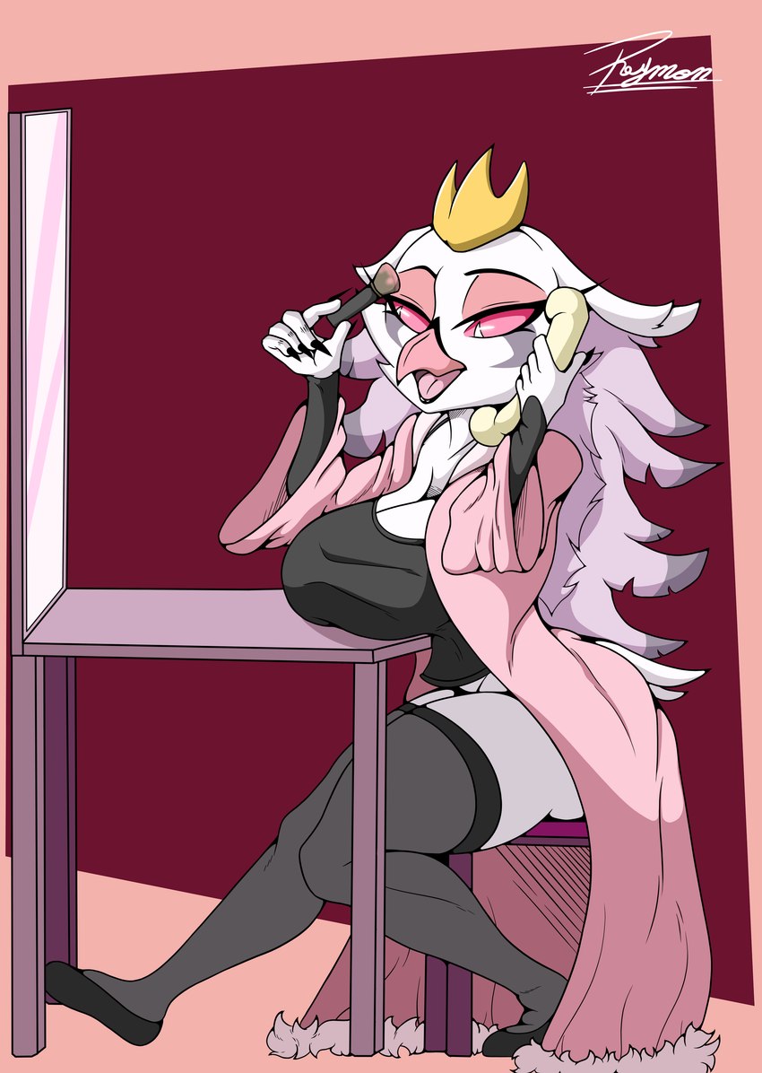 anthro beverage big_breasts big_butt black_clothing breasts butt clothing crown electronics female fur hair headgear holding_object makeup mirror neutral_expression phone phone_call pink_clothing pink_eyes pink_robe purple_clothing purple_underwear robe simple_background solo standing tied_hair underwear white_body white_face white_fur white_hair reymonrr helluva_boss stella_(helluva_boss) anatid anseriform anserinae avian bird demon owl owl_demon swan absurd_res hi_res