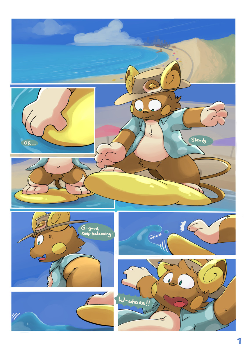 Rule 34 Dev - general:[beach clothed clothing comic_panel  dialogue falling floating hat headgear headwear male  seaside sky surfing text] artist:[gralicbutter]  copyright:[nintendo pokemon] character:[pancake ...