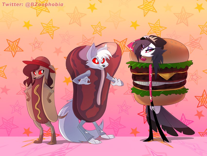 anthro beef bianca_bruno burger burger_costume clothed clothing costume female food food_costume group hot_dog hot_dog_costume male meat standing steak trio bzoophobia helluva_boss mythology octavia_(helluva_boss) avian bird canid canid_demon canine demon hellhound mammal mythological_canine mythological_creature owl hi_res