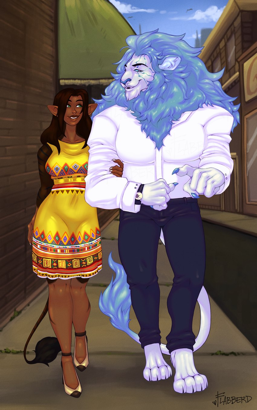 anthro blue_eyes casual_clothing city city_background cityscape claws clock clothing dress dress_shirt duo female finger_claws fluffy fluffy_tail green_eyes hair holding_arm inner_ear_fluff long_hair long_tail male mane mane_hair pattern_clothing paws shirt sidewalk tail topwear tuft walking walking_together watch flabberd chimera_humanoid felid humanoid lion mammal pantherine hi_res