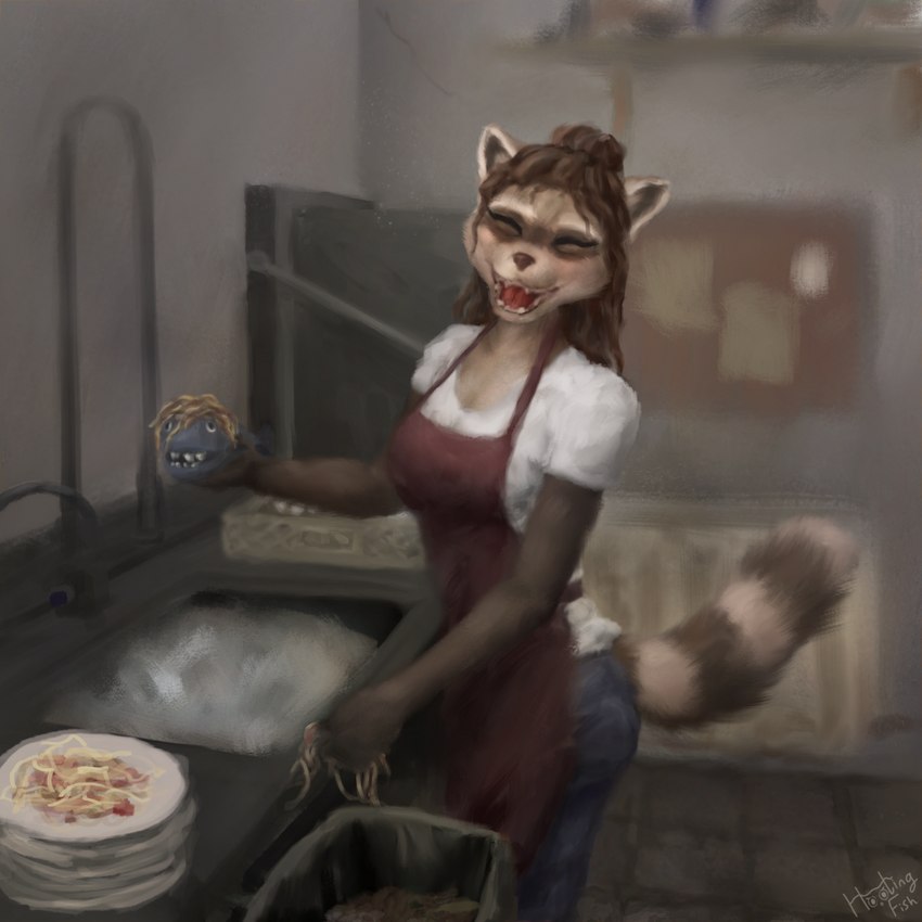 anthro apron clothed clothing eyes_closed female food fur hair happy holding_object kitchen laugh open_mouth open_smile shirt smile solo standing t-shirt topwear hootingfish fish mammal marine procyonid raccoon 1:1 2022 digital_media_(artwork) hi_res