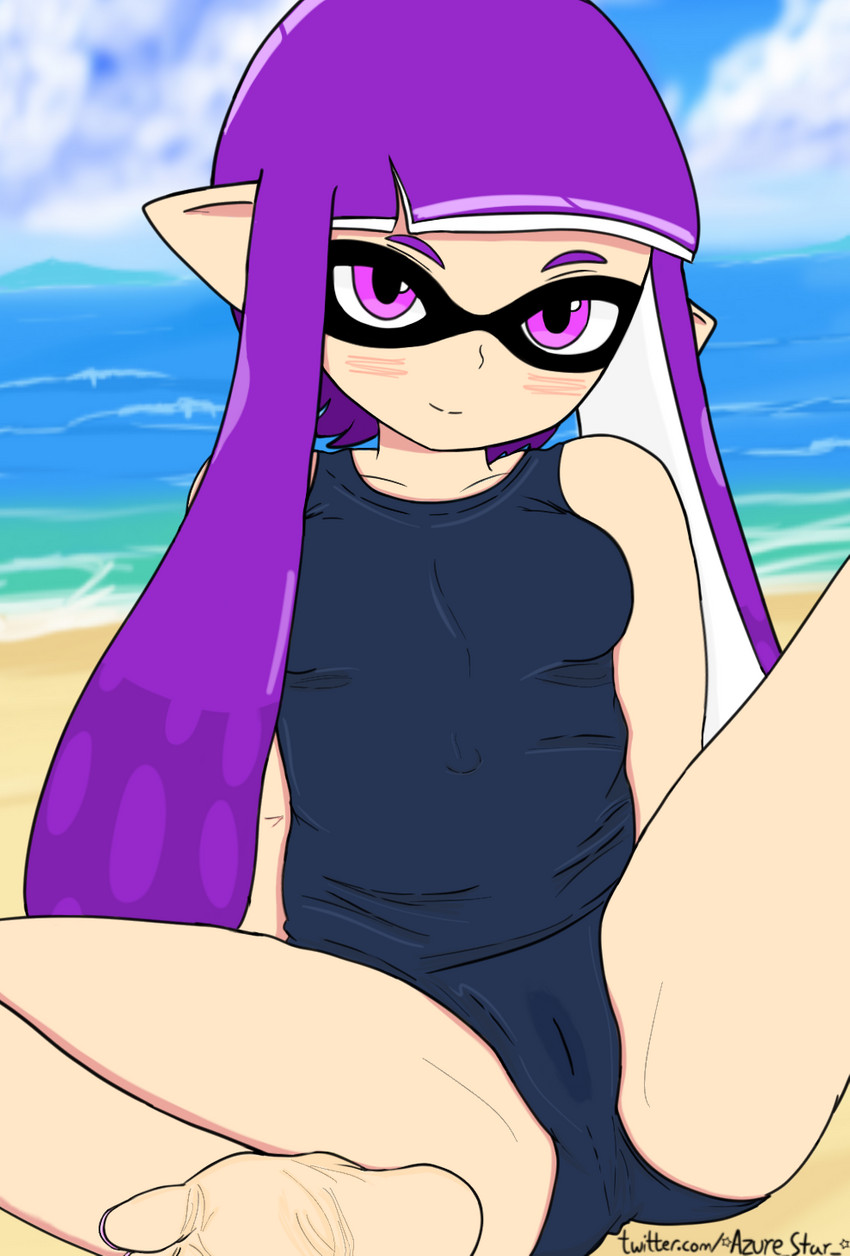 barefoot beach blush bodily_fluids breasts butt camel_toe clothed clothing feet female genital_fluids humanoid_pointy_ears looking_at_viewer one-piece_swimsuit pointy_ears pseudo_hair school_swimsuit seaside simple_background solo spread_legs spreading swimwear tentacle_hair tentacles toes vaginal_fluids azure_(star) nintendo splatoon inkling_girl animal_humanoid cephalopod cephalopod_humanoid humanoid inkling marine marine_humanoid mollusk mollusk_humanoid digital_media_(artwork) hi_res