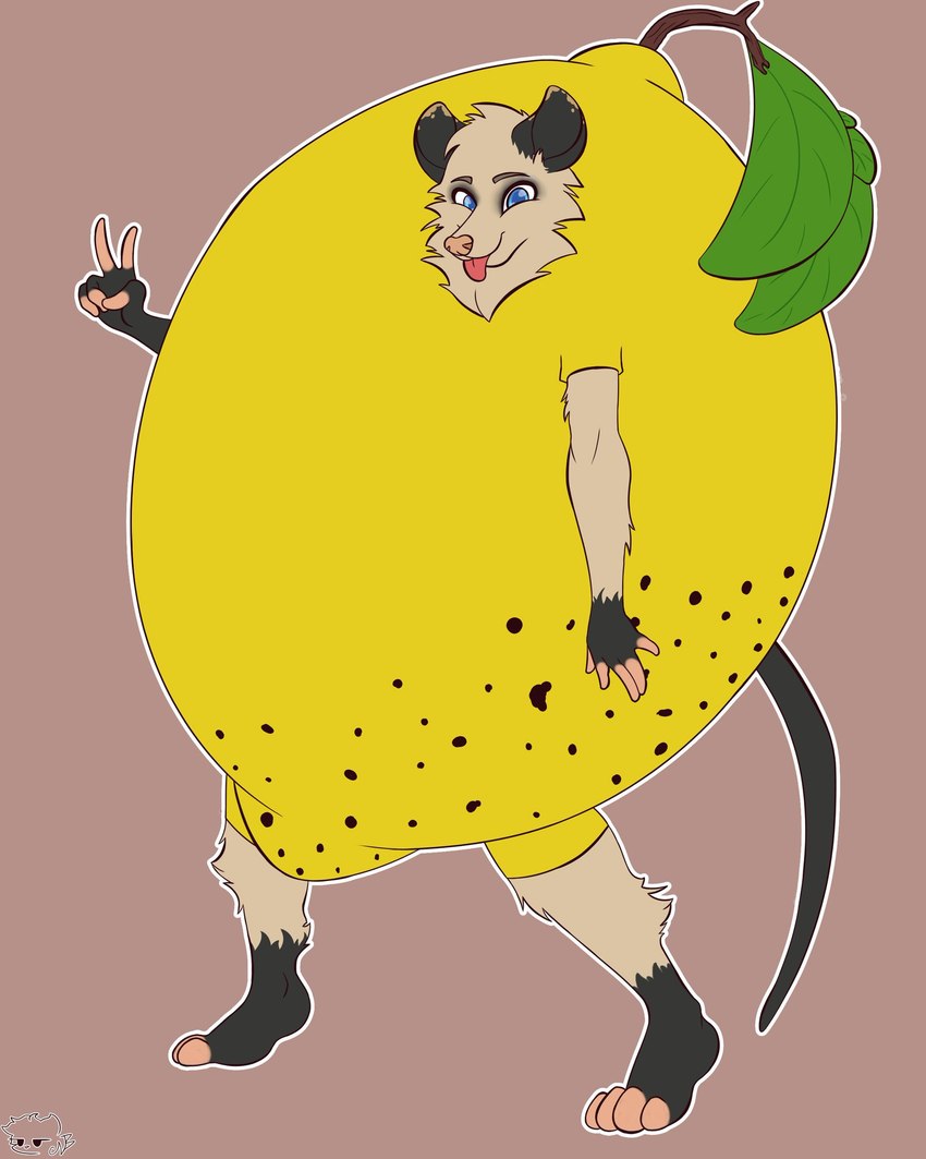 anthro clothing costume female food food_costume fruit fruit_costume lemon lemon_costume plant simple_background solo tongue el_chihuahueno_nico n1c0_art dreamworks over_the_hedge heather_(over_the_hedge) american_opossum mammal marsupial hi_res