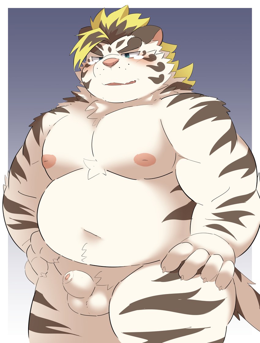 anthro balls belly big_belly blush bodily_fluids foreskin fur genitals humanoid_genitalia humanoid_hands humanoid_penis kemono male moobs navel nipples overweight overweight_male penis pink_nose sad small_penis solo tears white_body white_fur ptcmtr lifewonders tokyo_afterschool_summoners licho_(tas) felid mammal pantherine tiger 2021 hi_res