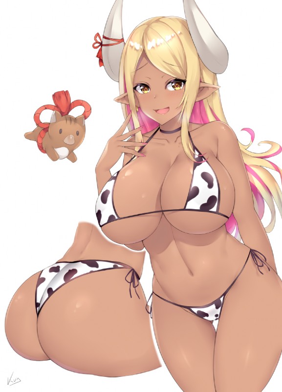 animal_print animal_print_bikini big_breasts bikini bikini_thong breasts butt cleavage clothed clothing cow_print cow_print_bikini ear_piercing ear_ring female pattern_bikini pattern_clothing pattern_swimwear piercing ring_piercing swimwear two-piece_swimsuit under_boob kuavera cygames granblue_fantasy kumbhira_(granblue) animal_humanoid bovid bovid_humanoid bovine bovine_humanoid draph humanoid mammal mammal_humanoid hi_res