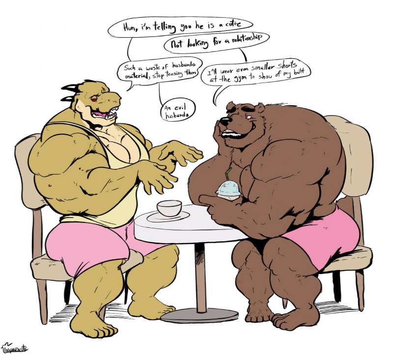 anthro beverage biceps big_muscles chair clothed clothing coaster container cup dialogue duo eyebrows femboy furniture gossip huge_muscles humor hyper hyper_muscles lipstick makeup male muscular no_pupils open_mouth pecs purple_eyes red_sclera shirt smile table tank_top text thick_eyebrows thick_thighs topless topwear triceps uniparasite bear mammal scalie 2017 compression_artifacts digital_media_(artwork) english_text flat_colors hi_res signature