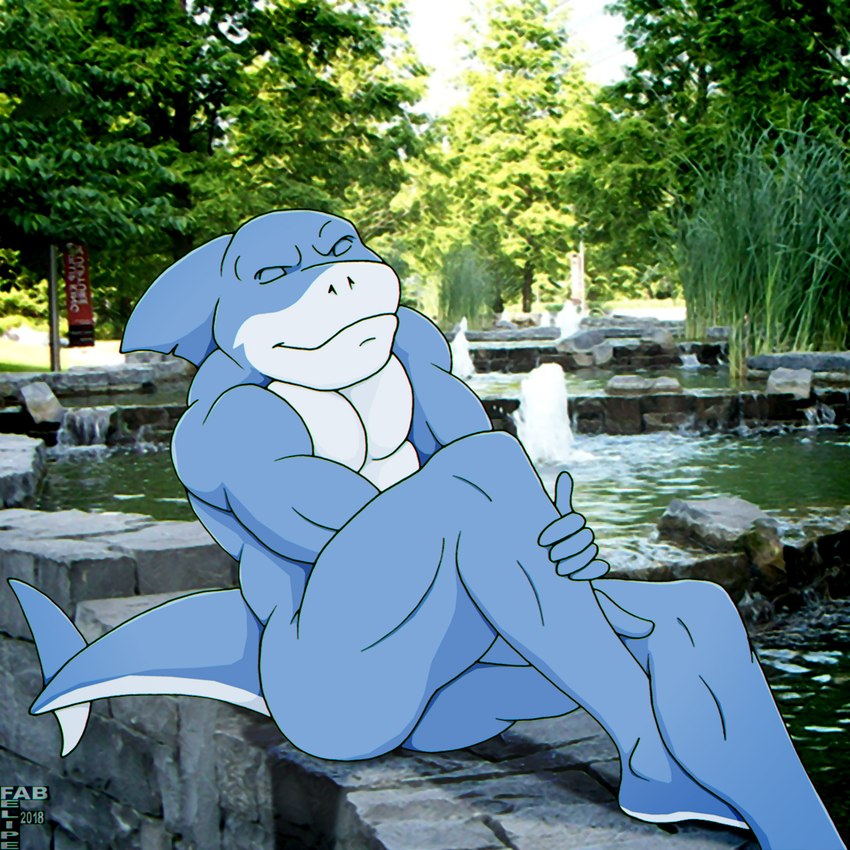 5_fingers anthro blue_body blue_scales closed_smile dorsal_fin eyes_closed featureless_chest fin fingers hand_on_leg hand_on_own_leg male mouth_closed multicolored_body multicolored_scales muscular muscular_anthro muscular_male notched_fin nude_anthro nude_male scales sitting smile solo tail two_tone_body two_tone_scales white_body white_scales fabfelipe fish marine shark 1:1 2018 digital_media_(artwork) hi_res