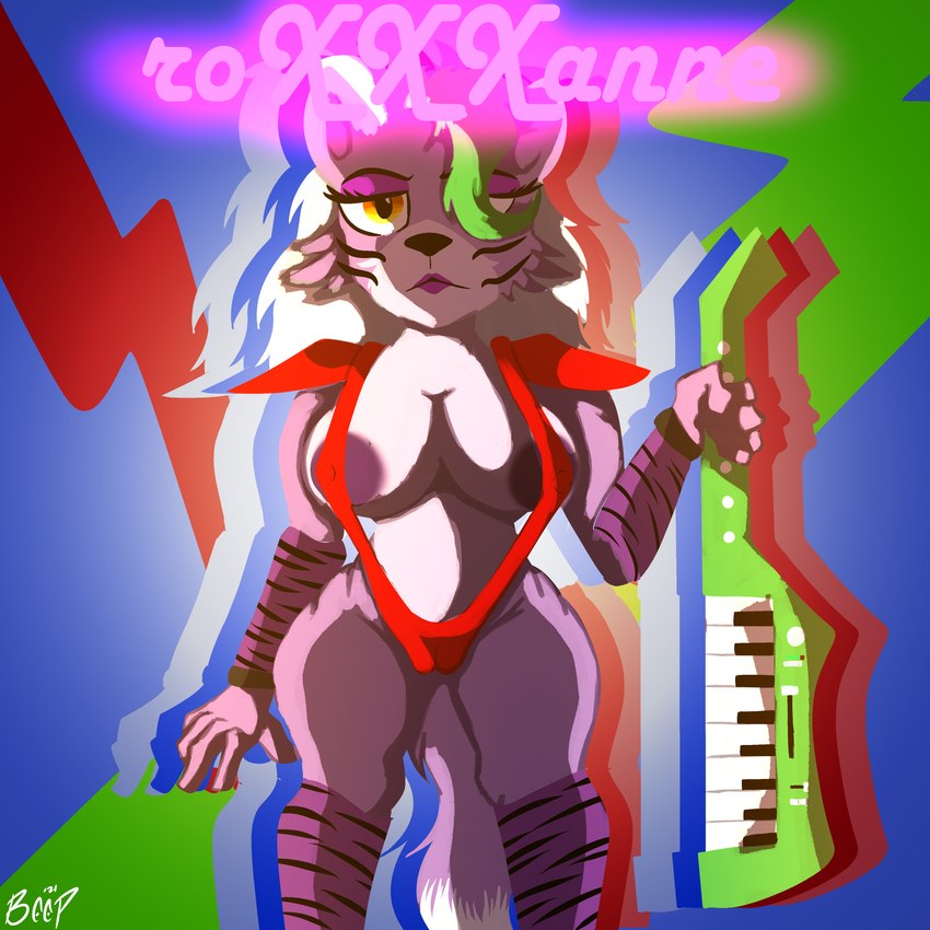 80's_theme alternative_fashion anthro female fingers glamrock hair keyboard_instrument keytar machine marketing musical_instrument poster solo wordplay beep! five_nights_at_freddy's five_nights_at_freddy's:_security_breach scottgames steel_wool_studios roxanne_wolf canid canine canis mammal wolf 1:1 2021 absurd_res digital_media_(artwork) hi_res