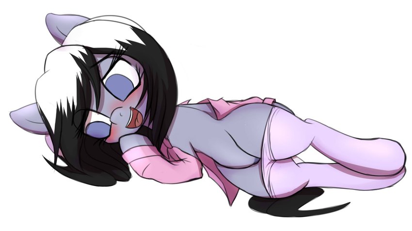 black_hair blush clothing darkened_genitalia female genitals hair legwear lying multicolored_hair on_side pajamas pantyhose pussy shy simple_background solo undressing white_hair an-m hasbro my_little_pony fan_character horo equid equine horse mammal pony hi_res