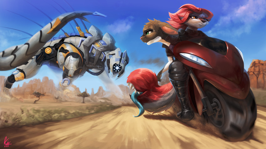 anthro chasing day desert dirt_road duo dust female heterochromia looking_back machine male motorcycle mountain_range outside plant riding_motorcycle road robot_behemoth size_difference sky tail tail_mouth tongue tongue_out tree unusual_anatomy unusual_tail vehicle kite512 legend_of_ahya ahya_(legend_of_ahya) jake_thumpings taylor_renee_wolford_(darkflamewolf) canid canine canis lagomorph leporid mammal rabbit robot wolf hi_res signature