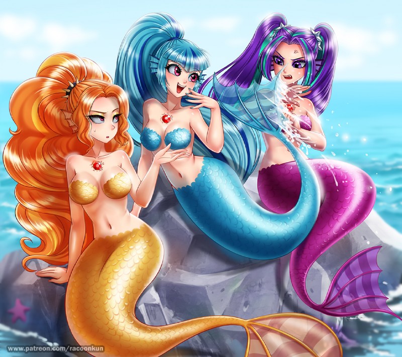 alternate_species blue_hair breasts female gem group hair long_hair multicolored_hair navel open_mouth orange_hair outside pigtails purple_hair rock scaly_breasts split_form text two_tone_hair v_bangs water racoon-kun equestria_girls hasbro my_little_pony adagio_dazzle_(eg) aria_blaze_(eg) sonata_dusk_(eg) marine merfolk 2019 digital_media_(artwork) url