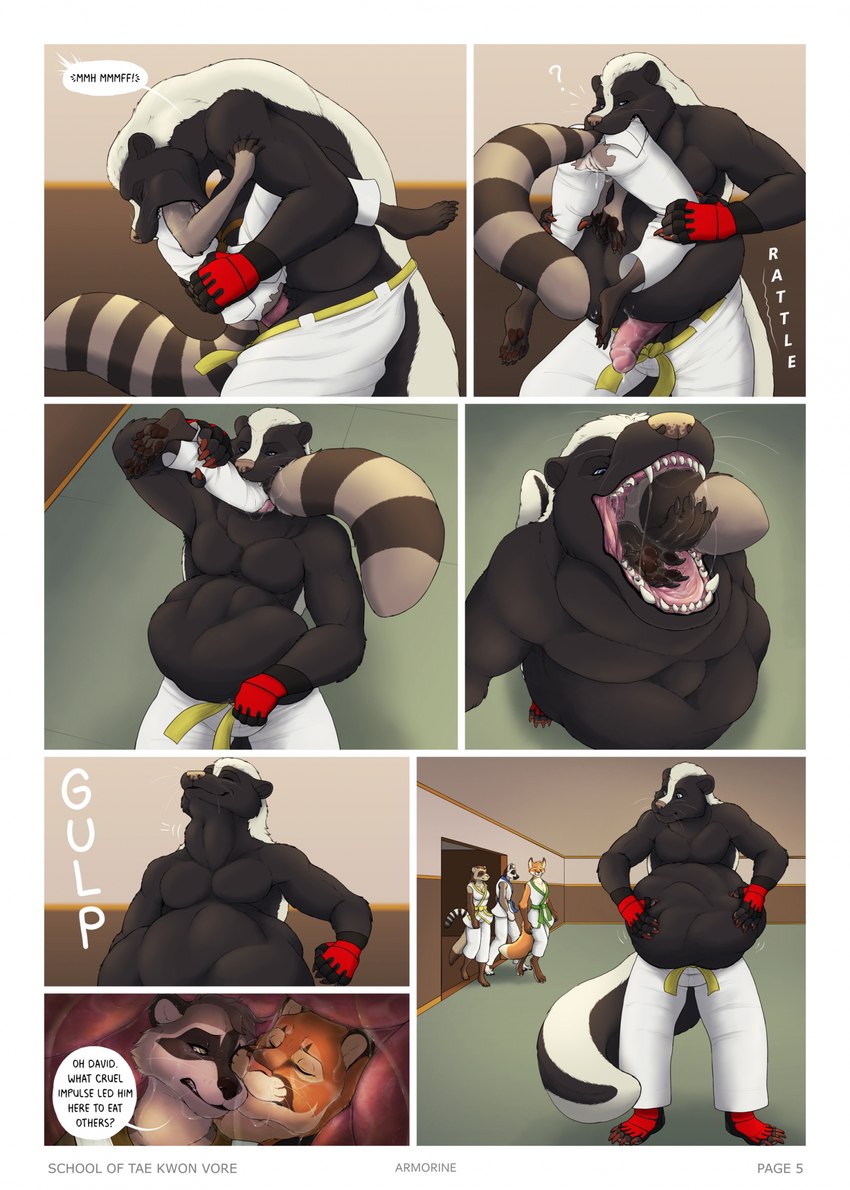 5_fingers almost_fully_inside anthro anthro_on_anthro anthro_penetrated anthro_penetrating anthro_penetrating_anthro anthro_pred anthro_prey asian_clothing barefoot belly belt big_belly black_body black_fur bloated blue_belt bodily_fluids bottomwear brown_body brown_fur clothed clothing cum cum_on_penis cum_string dialogue doorway east_asian_clothing eyes_closed feet female female_penetrated female_prey fingerless_gloves fingers footwear front_view fully_inside fur genital_fluids genitals gloves green_belt group handwear head_first head_in_mouth holding_belly humanoid_genitalia humanoid_penis inside internal japanese_clothing kimono leg_grab looking_back male male/female male/male male_penetrating male_penetrating_female male_pred male_prey markings multiple_prey open_mouth oral_vore page_number pants partially_inside penetration penis question_mark saliva saliva_string seven_frame_image sex sex_with_prey shoes speech_bubble standing standing_sex striped_markings striped_tail stripes struggling struggling_prey swallowing tail tail_markings text toeless_footwear toeless_shoes topless topless_anthro topless_male torn_bottomwear torn_clothing unwilling_prey vore walk-in whiskers white_body white_bottomwear white_clothing white_fur white_kimono white_pants yellow_belt armorine david_(strega) rachel_(strega) striper_(strega) canid canine cougar domestic_ferret felid feline fox lemur mammal mephitid mustelid musteline primate procyonid raccoon skunk strepsirrhine true_musteline weasel artist_name comic digital_media_(artwork) english_text hi_res