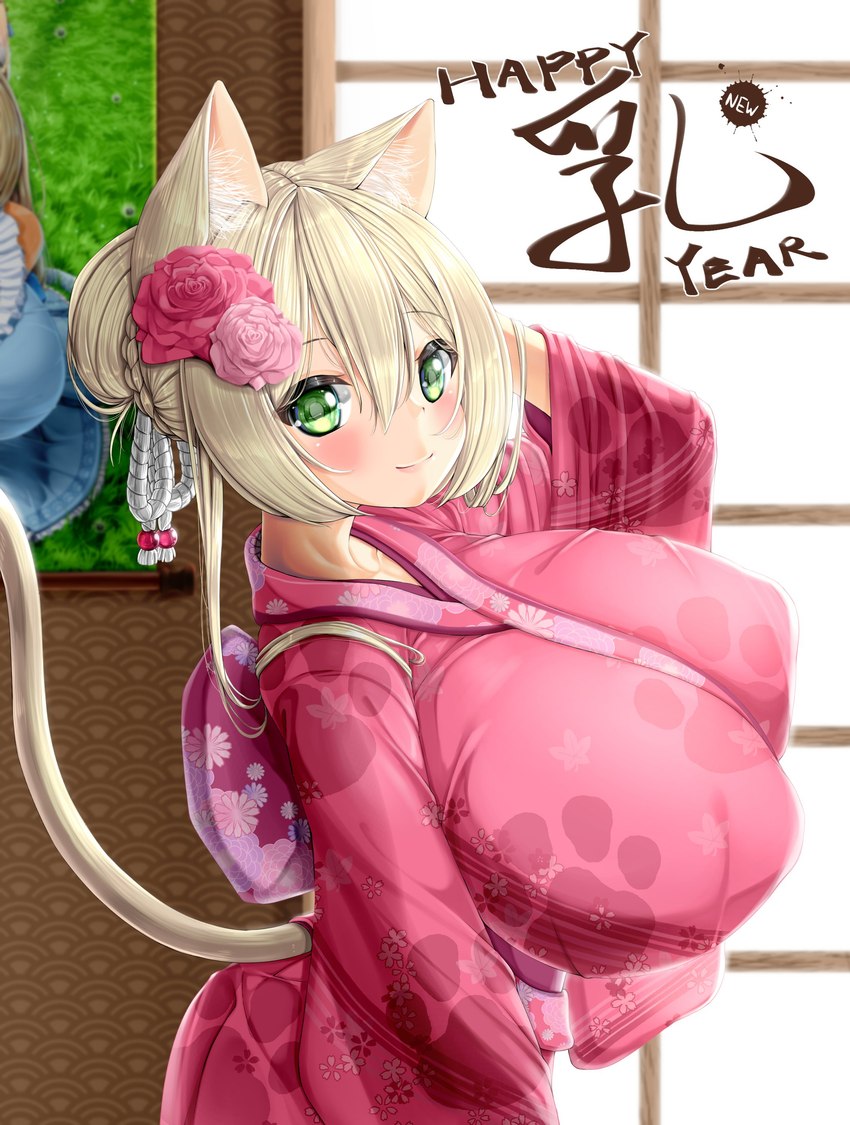 asian_clothing big_breasts blonde_hair blush breasts clothed clothing east_asian_clothing female green_eyes hair huge_breasts japanese_clothing kimono smile solo text kaedeno_yuu reimu_(kaedeno_yuu) animal_humanoid cat_humanoid felid felid_humanoid feline feline_humanoid humanoid mammal mammal_humanoid absurd_res hi_res translated