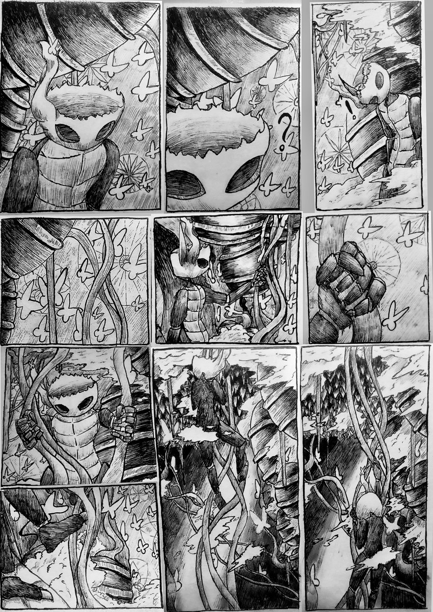 5_fingers 7_panel_comic ambiguous_gender biped climbing exclamation_point fingers fist leaf question_mark roots solo standing kimohouse hollow_knight team_cherry vessel_(species) 2024 absurd_res comic digital_media_(artwork) greyscale hi_res monochrome traditional_media_(artwork)