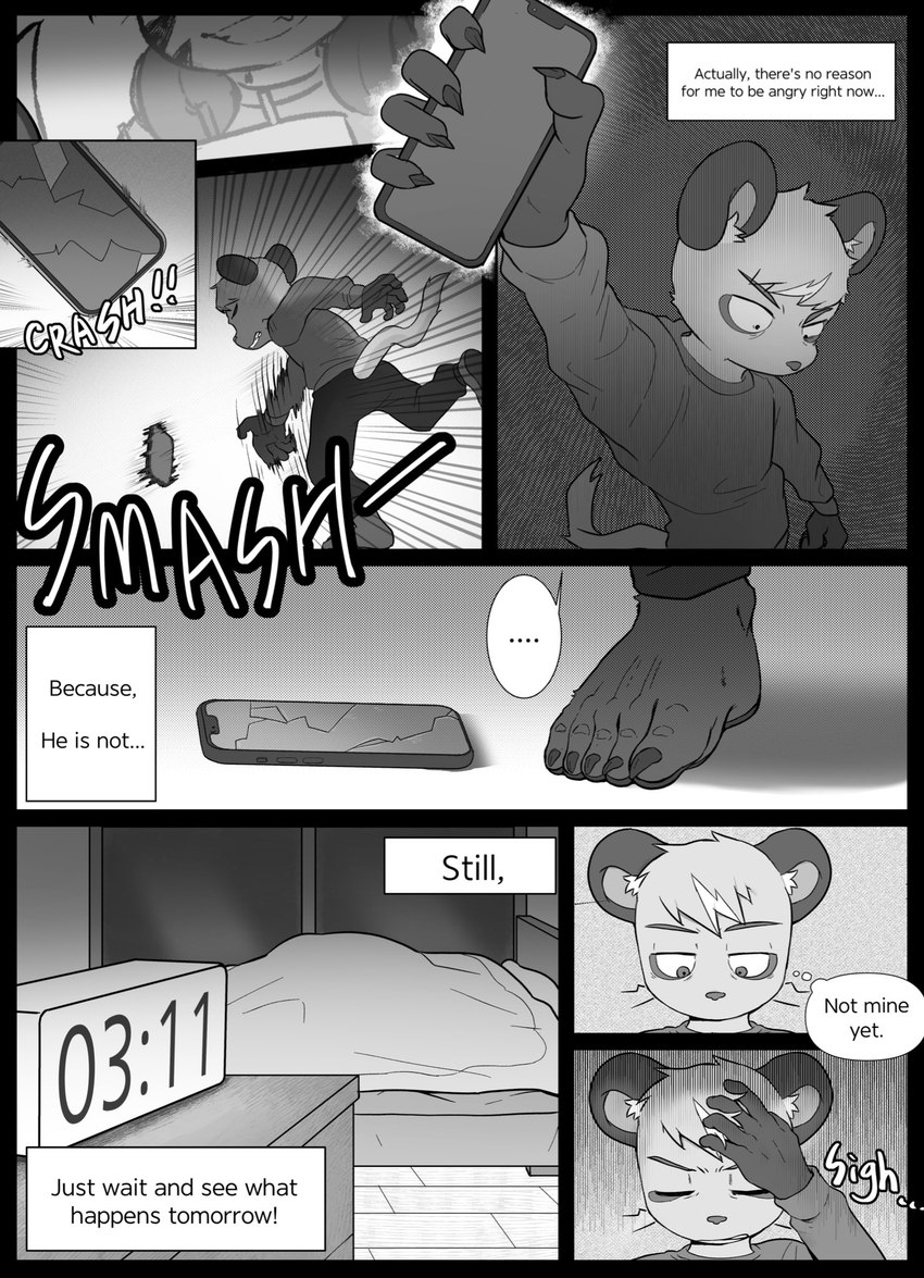 anthro bed cellphone dialogue electronics furniture male phone sleeping solo text latotabo gelato_(latotabo) tiger_boy_(latotabo) felid mammal murid murine pantherine rat rodent tiger comic english_text greyscale hi_res monochrome