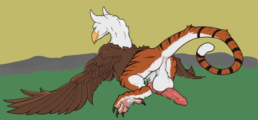 avian_feet balls beak butt erection feet feral genitals knot male multi_genitalia multi_knot rear_view resting_on_belly serrated simple_background talons toes wings whiskerdoodles mythology avian gryphon hybrid mythological_avian mythological_creature hi_res