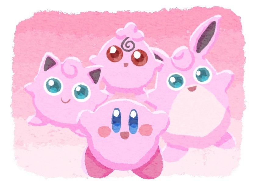 blue_eyes female group looking_at_viewer male open_mouth open_smile red_eyes smile ara_love_kirby kirby_(series) nintendo pokemon alien generation_1_pokemon generation_2_pokemon igglybuff jigglypuff pokemon_(species) waddling_head wigglytuff crossover hi_res