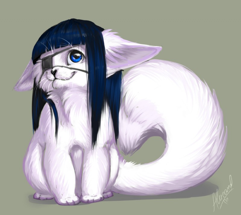 ambiguous_gender blue_eyes blue_hair eye_patch eyewear feral fluffy fluffy_tail front_view fur hair looking_at_viewer nude simple_background sitting smile solo tail whiskers white_body white_fur arucarrd felid mammal