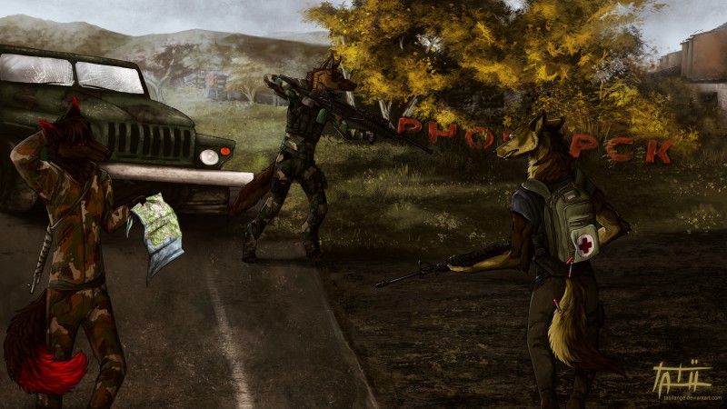 anthro armaii backpack camo day detailed_background digitigrade grass group gun holding_gun holding_object holding_ranged_weapon holding_weapon lost male map outside plant ranged_weapon rifle scope sky text truck_(vehicle) vehicle weapon tatiilange dayz canid canine canis domestic_dog german_shepherd herding_dog mammal pastoral_dog wolf 3d_(artwork) absurd_res digital_media_(artwork) hi_res url