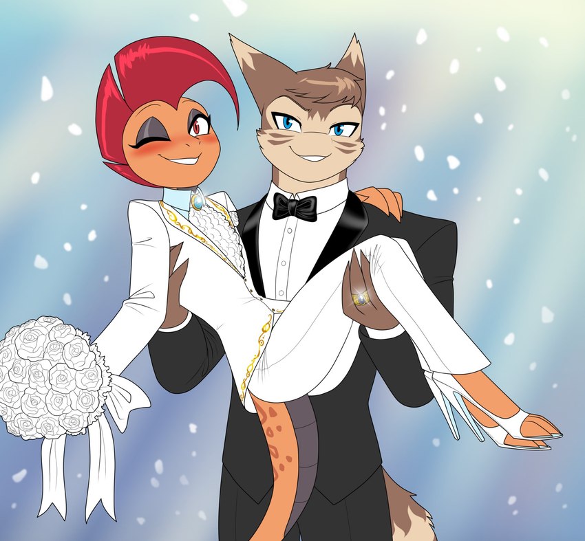 abstract_background anthro anthrofied black_eyeshadow black_tie_(suit) blue_eyes blush bouquet bow_(feature) bow_in_front bow_tie bride broad_shoulders brooch brown_body brown_fur carrying_another carrying_partner clothed clothing curvy_figure digit_ring duo eyeshadow female flat_chested footwear fur glistening_eyelids grey_body grey_scales groom high_heels jewelry larger_male looking_at_viewer makeup male male/female married_couple multicolored_body multicolored_fur one_eye_closed orange_body orange_scales red_eyes ring scales shoes size_difference smaller_female smile suit tan_body tan_fur two_tone_body two_tone_fur wedding_clothing wedding_ring crovirus nintendo pokemon andrew_(crovirus) vinny_(draykathedragon) furret generation_2_pokemon generation_5_pokemon pokemon_(species) scrafty 2022 hi_res male_(lore)