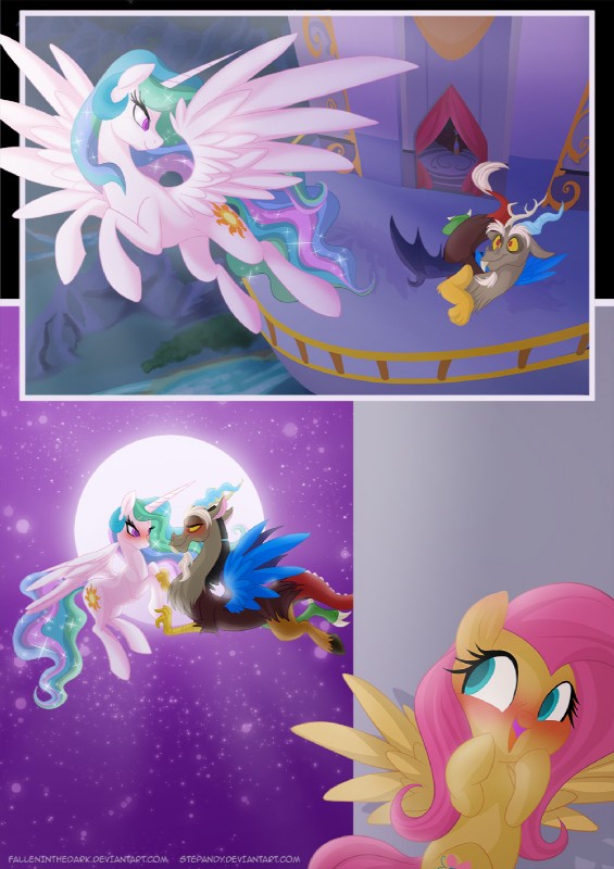 antlers blue_eyes blush castle fangs feathered_wings feathers female feral flying group hair horn male moon multicolored_hair night outside pink_hair purple_eyes red_eyes romantic romantic_ambiance romantic_couple sky sparkles teeth wings falleninthedark stepanda friendship_is_magic hasbro my_little_pony mythology discord_(mlp) fluttershy_(mlp) princess_celestia_(mlp) chimera draconequus equid equine mammal mythological_creature mythological_equine pegasus winged_unicorn 2014 comic hi_res