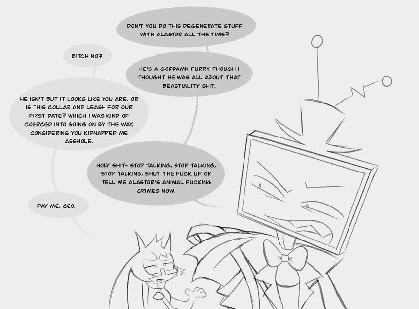 anthro argument dialogue duo electronics for_a_head grey_background profanity screen screen_face simple_background suggestive_dialogue television text conditional_dnp labbit_(artist) hazbin_hotel l33t_(labbit) vox_(hazbin_hotel) demon demon_humanoid humanoid imp labbit object_head screen_head tv_head english_text monochrome