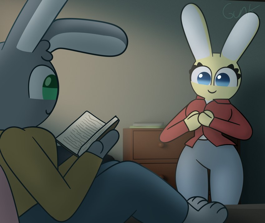 3d_background anthro bed blue_eyes book bottomwear breasts clothing curvy_figure dressing duo eyelashes female furniture green_eyes looking_down lying lying_on_bed male on_bed pants pillow reading reading_book shirt smile thick_thighs topwear guak amy_hope_(guak) ronnie_(guak) humanoid lagomorph leporid mammal rabbit hi_res mixed_media