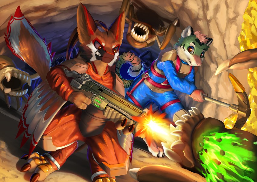 angry anthro belt black_body black_fur blood blue_eyes bodily_fluids brown_body brown_feathers cave clothing colored_blood dark_eyes duo feathers feet fur gear gold_(metal) green_blood green_body green_fur gun holding_object holding_tool holding_weapon male mine mining_pick paws pink_body pink_fur ranged_weapon red_body red_feathers rock scales serious shooting shotgun shoulder_pads suit surrounded tail teeth toes tools unusual_blood unusual_bodily_fluids weapon white_body white_feathers white_fur worried corbin_(roscy) deep_rock_galactic ghost_ship_games feldi avali felid glyphid glyphid_grunt mammal monster pantherine tiger absurd_res hi_res