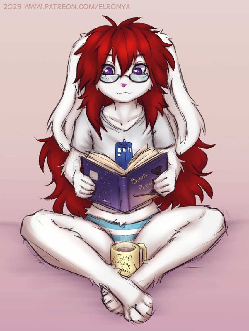 book bottomwear clothing container cup eyewear female floppy_ears fur glasses hair panties pattern_bottomwear pattern_clothing pattern_panties pattern_underwear pink_background purple_eyes red_hair shirt simple_background sitting sitting_on_ground solo striped_bottomwear striped_clothing striped_panties striped_underwear stripes topwear underwear white_body white_fur elronya ghibli my_neighbor_totoro lulu_(joykill) totoro lagomorph leporid mammal rabbit 2023 hi_res