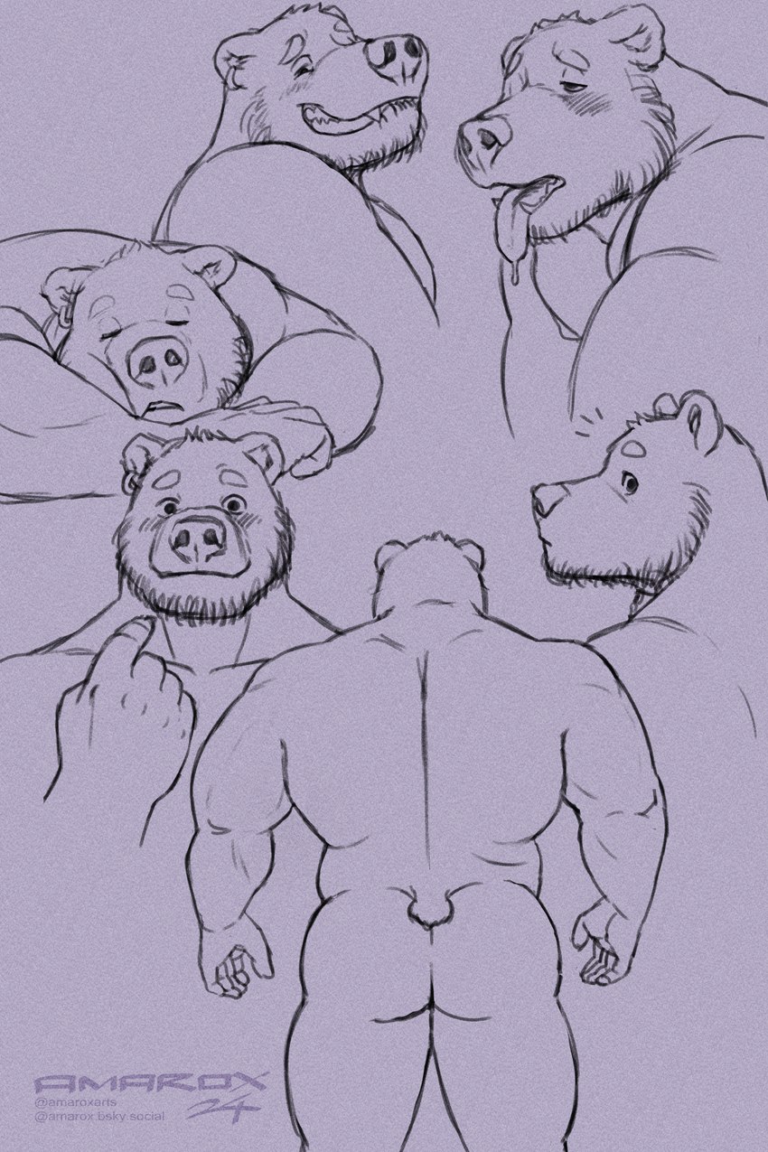 anthro beard blush blush_lines breath butt ear_piercing facial_hair looking_at_viewer male musclegut muscular nude panting piercing rear_view short_tail sleeping smile solo tail amarox ewan_(amarox) bear brown_bear grizzly_bear mammal ursine 2:3 digital_drawing_(artwork) digital_media_(artwork) hi_res sketch