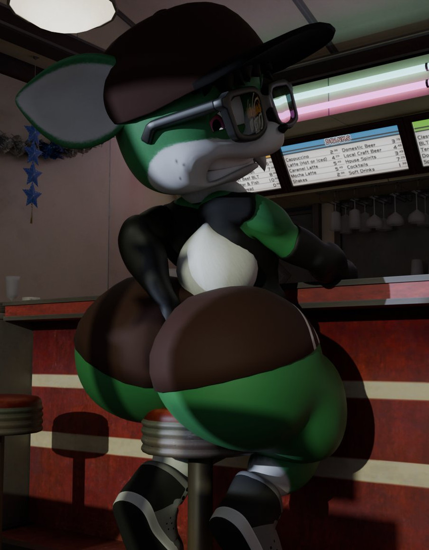 anthro armwear athletic_wear baseball_cap big_butt bottomwear butt clenched_teeth clothing digging_into_butt diner elbow_gloves eyewear fangs femboy footwear freckles glasses gloves gym_bottomwear gym_shorts handwear hat headgear headwear huge_butt looking_back male overbite_fang restaurant shirt shoes shorts sitting_on_stool sneakers solo t-shirt teeth thick_thighs topwear kirby_animatez sega sonic_the_hedgehog_(series) yeah_i_have_a_type_(meme) fan_character vincent_(onyxsplash) canid canine canis chihuahua domestic_dog gaia mammal toy_dog 3d_(artwork) digital_media_(artwork)