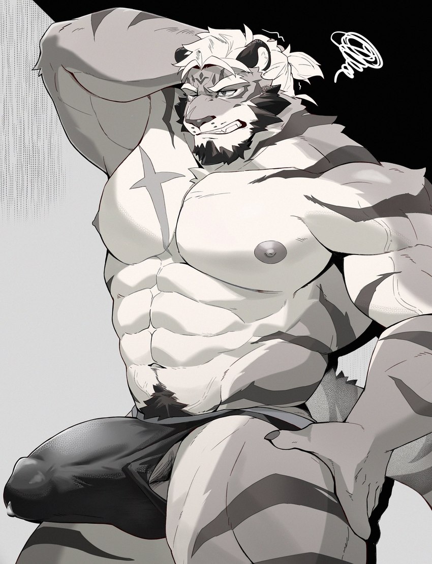 abs anthro beard biceps big_penis biped bodily_fluids bulge clothing erection erection_under_clothing facial_hair fur genital_fluids genitals hair male muscular muscular_anthro muscular_male navel nipple_dip nipples penis precum precum_through_clothing pubes scar solo underwear wet wet_clothing luodejun felid mammal pantherine tiger hi_res monochrome