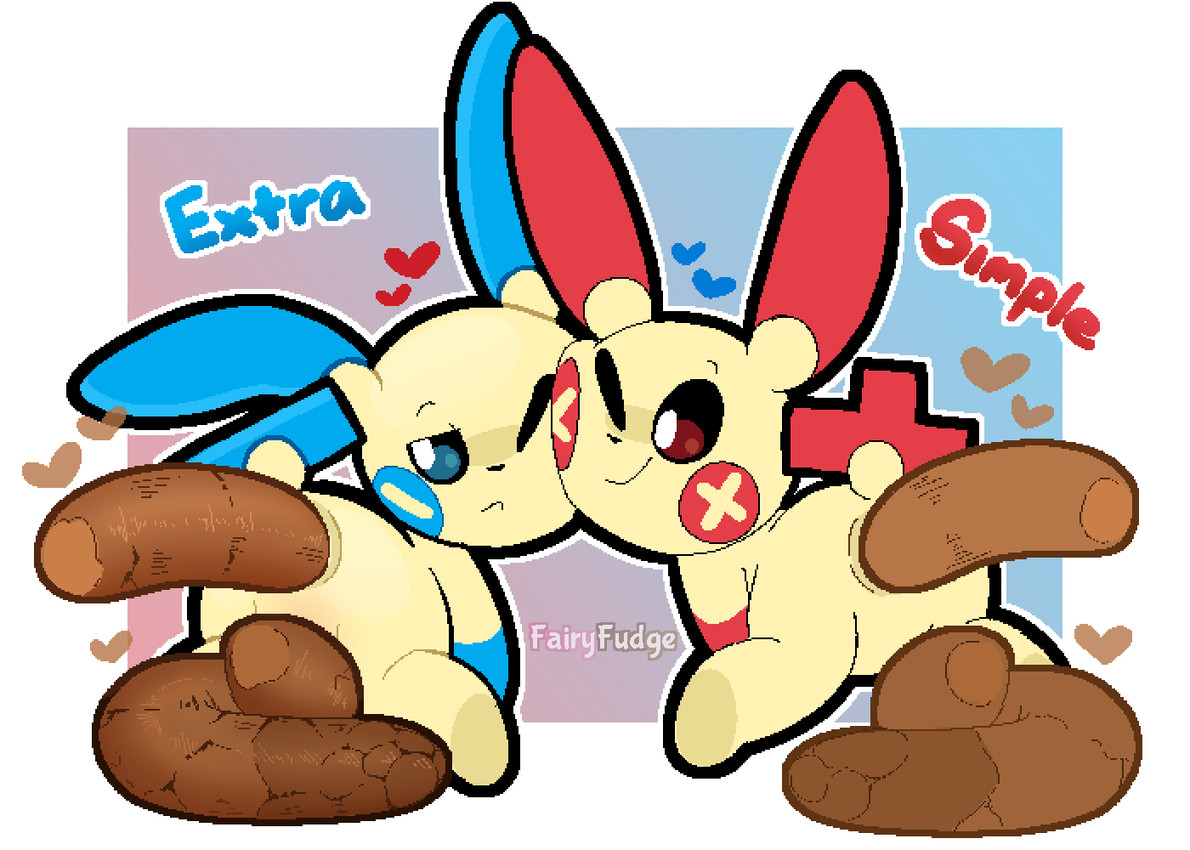 ambiguous_gender anthro anus biped blue_eyes border butt cheek_markings duo face_squish facial_markings featureless_crotch feces feces_in_ass feces_pile frown gradient_background head_markings heart_symbol kneeling markings null one_eye_closed pooping pooping_on_floor pooping_together rear_view red_eyes scatplay simple_background smile squish tail text white_border fairyfudge nintendo pokemon generation_3_pokemon minun plusle pokemon_(species) artist_name digital_media_(artwork)