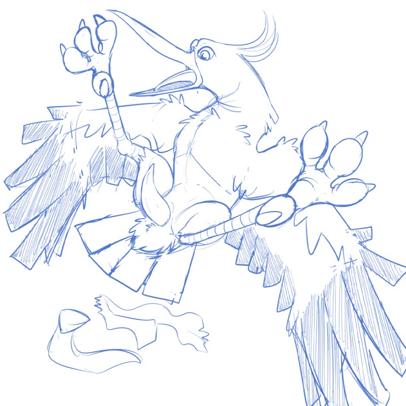 after_transformation beak feral genitals legs_up lying male on_back penis solo spread_legs spreading tapering_penis wings onigrift avian bird stork 1:1 2017 blue_and_white monochrome sketch